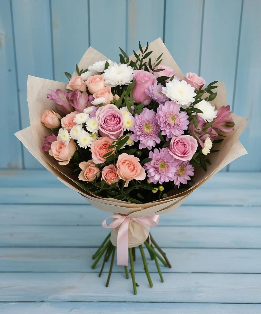 Букет цветов из: Хризантемы, Розы и Альстромерии в Высоком Мурманская область