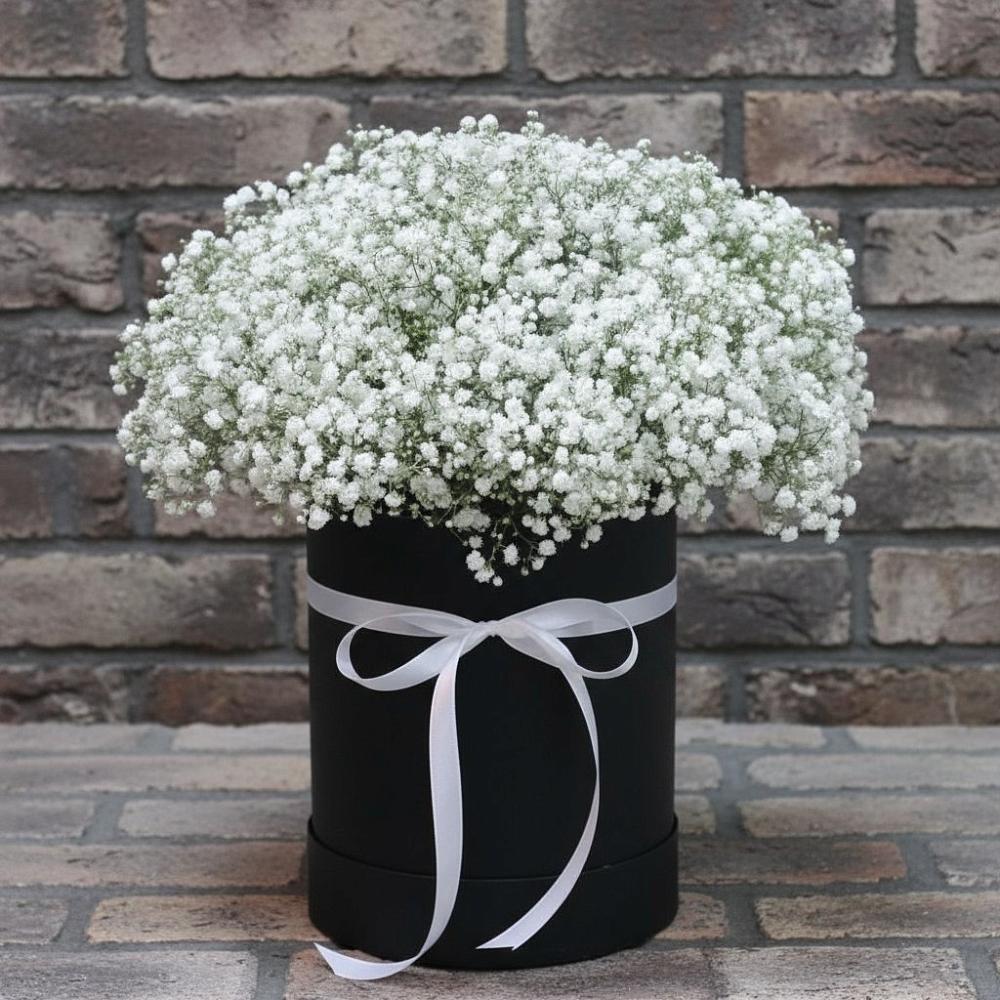 Цветочная композиция из Гипсофила в шляпной коробке в Высоком Мурманская область