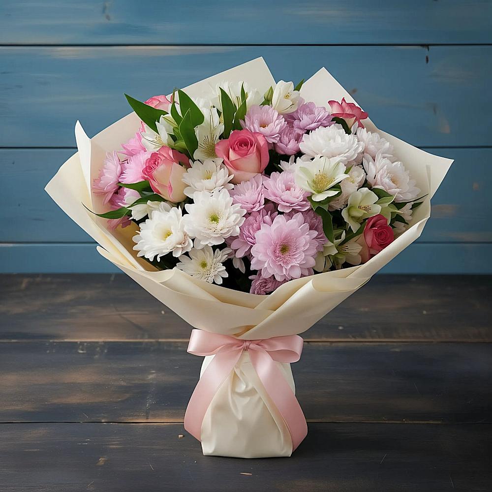 Букет цветов из: Хризантемы, Альстромерии и Розы в Высоком Мурманская область